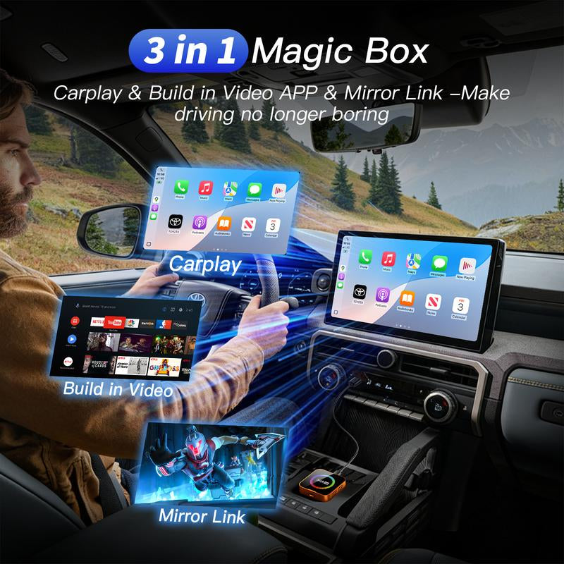 【Newyear2026】Picks with Carplay Aimoon Orange Ai Cube Pro Max Wireless Carplay Adapter for Iphone & Android Auto Ai Box with Netflix Youtube Supports TF Card Dongle Plug and Play Easy Setup Carplay Video Entertainment for Ios 10+ and Cars after 2015 Car