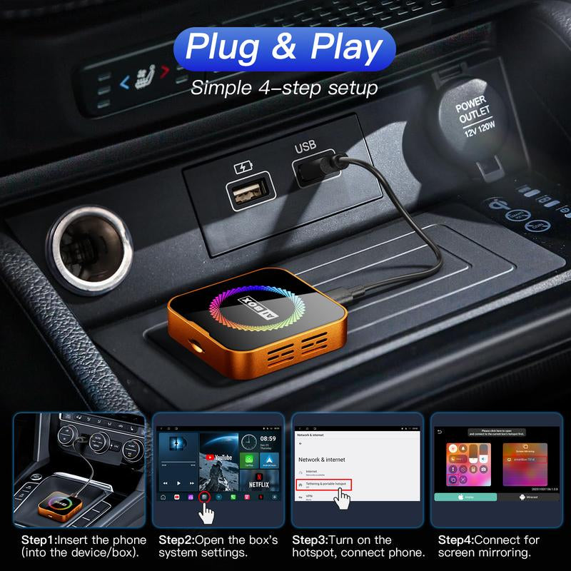 【Newyear2026】Picks with Carplay Aimoon Orange Ai Cube Pro Max Wireless Carplay Adapter for Iphone & Android Auto Ai Box with Netflix Youtube Supports TF Card Dongle Plug and Play Easy Setup Carplay Video Entertainment for Ios 10+ and Cars after 2015 Car